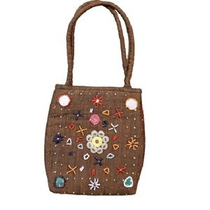Artsy Boho Floral Beaded Brown Fabric Handbag